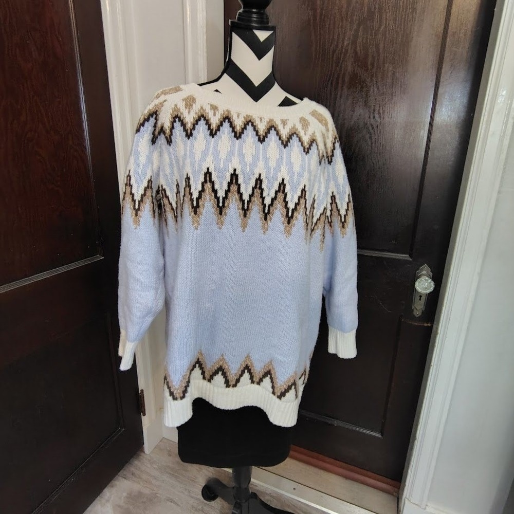 Lands End Fair Isle 1X Nordic Sweater‎ Light Blue Cream Brown Zig Zag Pattern